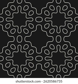 Simple abstract seamless ornament. Stylish geometric pattern with curved lines, smooth shapes, linear grid. Subtle black and white background texture. Repeated dark geo design for decor, print, cover
