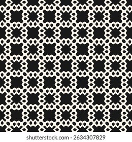 Simple abstract seamless ornament. Stylish geometric pattern with dots, spots, curved shapes, grid. Black and white background texture. Repeated geo design for decor, textile, package, print, carpet