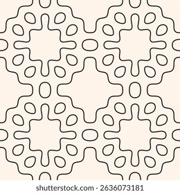 Simples ornamento sem costura abstrato. Padrão geométrico elegante com linhas curvas, formas suaves, grade linear. Sutil textura de fundo preto e branco. Projeto geográfico repetido para decoração, embalagem, impressão