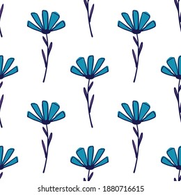 Simple abstract seamless pattern with blue bright daisy flowers. White background. Flat vector print for textile, fabric, giftwrap, wallpapers. Endless illustration.
