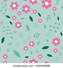 Simple abstract seamless pattern with pink flowers and leaves