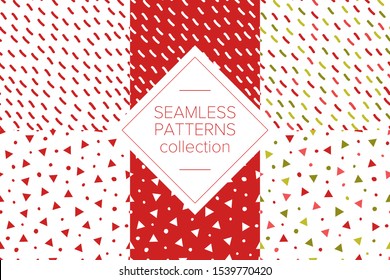 Simple abstract seamless pattern with stripes, triangles and dots. Holiday theme in red for wrapping paper. Background for children's holiday or christmas party decoration, wrapping paper, wallpaper, 