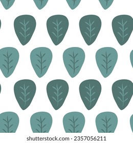 Simple abstract seamless pattern. Stylized leaves in scandinavian style.Vector illustration in green, aquamarine tones on a white background. For textile, home decor, gift paper, posters. 