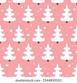 Padrão simples abstrato sem emenda com abetos brancos e neve rabiscar no fundo rosa. Fundo de Natal, ilustração vetorial