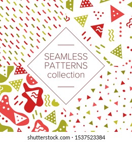 Simple abstract seamless patterns with triangles, dots, waves and stripes. Festive Christmas theme in red and green for wrapping paper. Baby or kids style. Backgrounds set