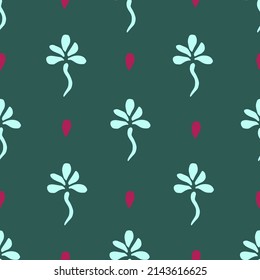 Simple abstract seamless vector pattern. Dark green background, small light blue ornament. For prints on fabrics, textiles, men's shirts and accessories.