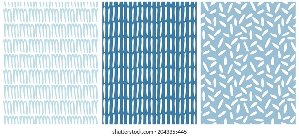Simple Abstract Seamless Vector Patterns with White Irregular Brush Spots and Lines on a White and Blue Background. Infantile Style Geometric Print. Abstract Doodle Pattern. Scribbles Print.