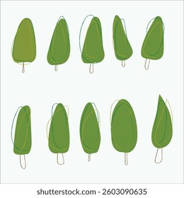 A simple abstract set of green trees with line work. Vector illustration