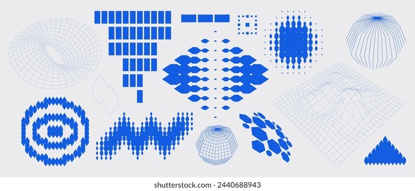 Simple abstract shape set geometric blue pixel art bitmap. Ideal for web design, app design, poster, clothes, retro aesthetic composition