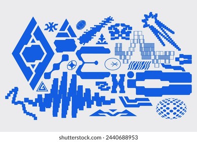 Simple abstract shape set geometric blue pixel art bitmap. Ideal for web design, app design, poster, clothes, retro aesthetic composition