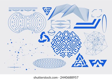 Simple abstract shape set geometric blue pixel art bitmap. Ideal for web design, app design, poster, clothes, retro aesthetic composition