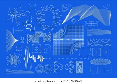 Simple abstract shape set geometric blue pixel art bitmap. Ideal for web design, app design, poster, clothes, retro aesthetic composition