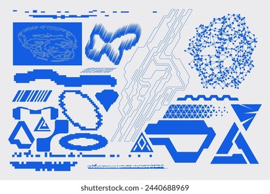 Simple abstract shape set geometric blue pixel art bitmap. Ideal for web design, app design, poster, clothes, retro aesthetic composition