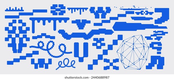 Simple abstract shape set geometric blue pixel art bitmap. Ideal for web design, app design, poster, clothes, retro aesthetic composition