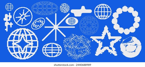 Simple abstract shape set geometric blue pixel art bitmap. Ideal for web design, app design, poster, clothes, retro aesthetic composition