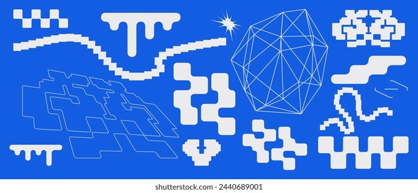 Simple abstract shape set geometric blue pixel art bitmap. Ideal for web design, app design, poster, clothes, retro aesthetic composition