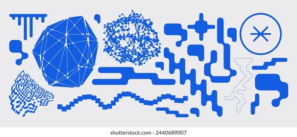 Simple abstract shape set geometric blue pixel art bitmap. Ideal for web design, app design, poster, clothes, retro aesthetic composition