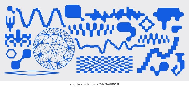 Simple abstract shape set geometric blue pixel art bitmap. Ideal for web design, app design, poster, clothes, retro aesthetic composition