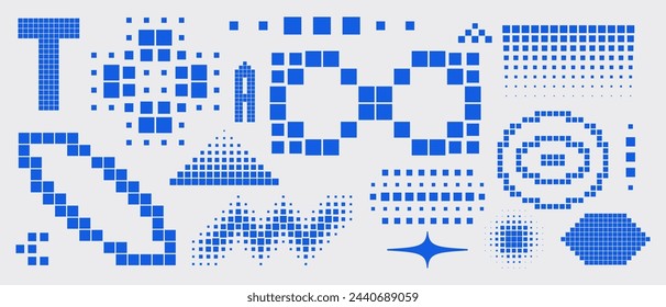 Simple abstract shape set geometric blue pixel art bitmap. Ideal for web design, app design, poster, clothes, retro aesthetic composition
