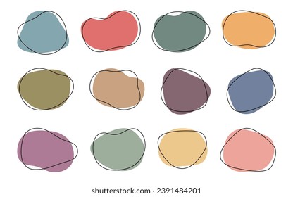 Simple abstract shapes in natural colours with uneven edges and black line boarders. Asymmetric liquid blob elements. Creative frame templates. Vector illustrations set.