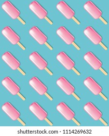 Simple Abstract Shiny Ice Cream Vector Pattern. Flat Lay Style Pink Ice Blocks Isolated on a Blue Background. 3D Effect Ice Cream Vector Pattern. Lovely Modern Repeatable Pink Ice Blocks Vector Design