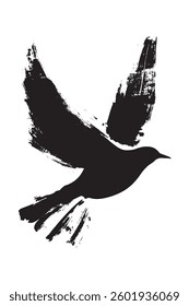 A simple, abstract silhouette of an open-winged bird in flight isolated white background. Concept of freedom, love and peace.