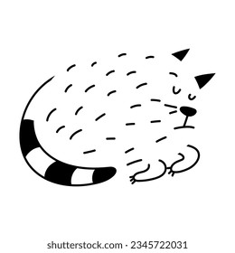 Simple abstract sleeping cat doodle illustration. Fat animal clipart. Funny element for print design, logo, packaging. Vector hand drawn image isolated on white background. Comic drawing.