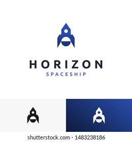 a simple abstract space ship logo that through the horizon and fly over the space. Futuristic logo, very suitable for technology, science or galaxy logo