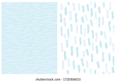 Simple Abstract Spots Seamless Vector Patterns. Irregular Brush Stripes on a White and Light Blue Background. Lovely Geometric Pastel Color Delicate Backdrop. Funny Freehand Repeatable Print.