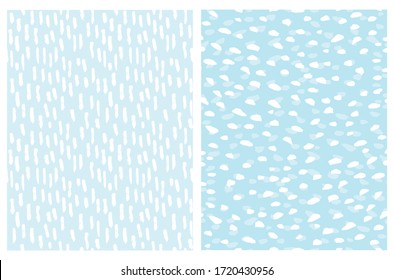 Simple Abstract Spots Seamless Vector Patterns. White Irregular Brush Spots and Stripes on a Light Blue Background. Lovely Geometric Pastel Color Delicate Backdrop. Funny Freehand Repeatable Print.