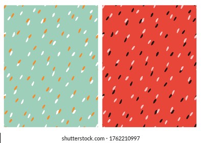 Simple Abstract Spots Vector Patterns. Hand Drawn Irregular Brush Spots Isolated on a Mint Green and Red Backgrounds. Funny Minimalist Vector Prints. Infantile Style Repeatable Design.