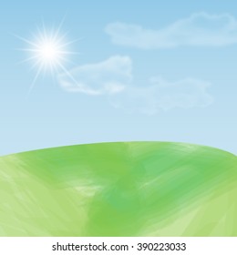 Simple abstract summer landscape with meadow, sky, sun and clouds - vector illustration