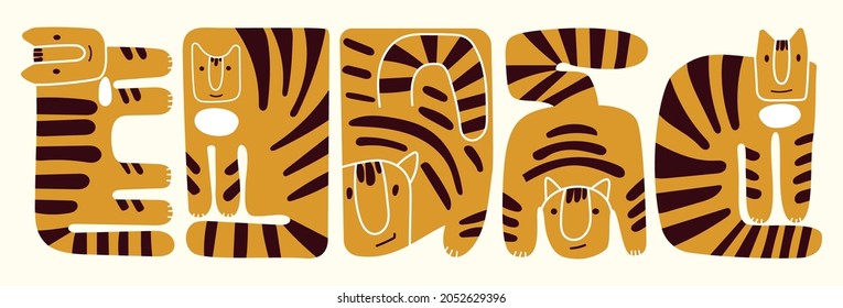 Simple abstract tiger set New Year 2022 banner. Cute funny character tiger cartoon hand drawn vector illustration isolated on white background. Greeting card template, t shirt print, holiday animal