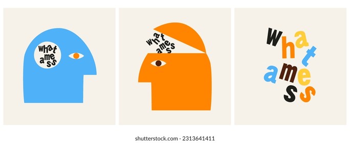 Simple Abstract Vector Art with Orange and Blue Human Heads and Colorful "What a Mess" isoalted on a Beige Background. Trendy Minimalist Design ideal for Poster, Wall Art, T-shirt Print. RGB Colors.