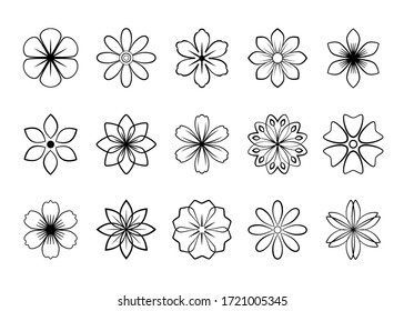 Simple abstract vector flowers icons set. Universal flowers black outline, line art, isolated on white background. Graphic floral set. Thin line flowers collection, cute flat design.