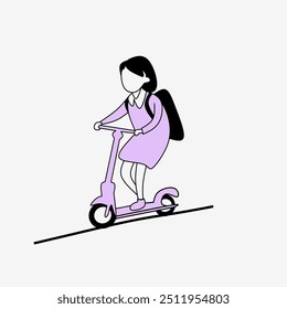 Simple abstract vector illustration back to school, girl riding scooter
