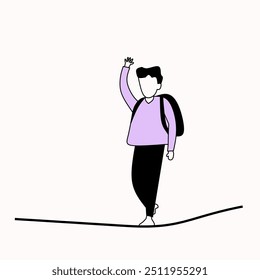 Simple abstract vector illustration back to school, boy carrying bag walking
