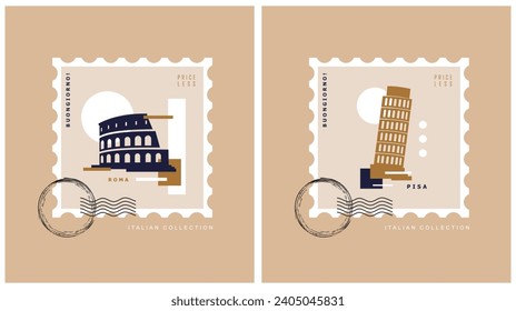 Simple Abstract Vector Illustration with Colosseum Building - Rome Symbol and Pisa Tower as Postal Stamps Isolated on a Light Brown Background. Modern Italy Symbols ideal for Poster, Wall Art. RGB.