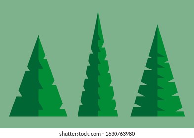 A simple abstract vector illustration of three triangle shaped needle trees on light green background.