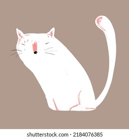 Simple Abstract Vector Illustration with White Dreamy Hand Drawn Cat with Red Nose. Cute Print with Funny Kitty on a Dusty Brown Background ideal for Card, Wall Art, Poster. Cool Art for Cat Lovers.
