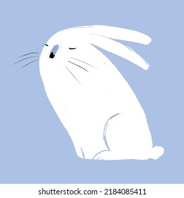 Simple Abstract Vector Illustration with White Dreamy Hand Drawn Bunny. Cute Print with Funny Bunny on a Baby Blue Background ideal for Card, Wall Art, Poster. Cool Art for Easter or Chinese New Year.