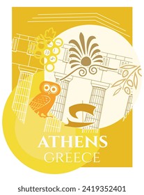 Einfache abstrakte Vektorgrafik mit weißer "Athen" "Griechenland". Akropolis-Gebäude, Schüssel, altes Schiff, Oliven- und Traubensymbol auf weißem und gelbem Hintergrund. Vektorgrafik.