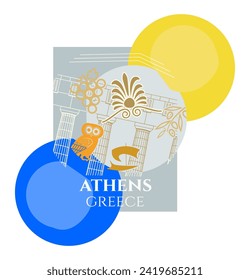 Simple Abstract Vector Illustration with white "Athens" "Greece". Acropolis Building, Owl, ancient ship, olive and grape symbol on White, Grey, Blue and Yellow Background. Vector Illustration.