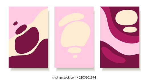 Simple abstract vector poster set in pink tones. For prints, templates, brochures and covers. Calm round shapes. Minimalistic design.