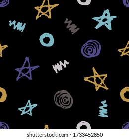 Simple abstract vector seamless pattern. Gold, blue stars, doodles, circles, spirals on a black background. For prints of fabric, textile products, clothing.