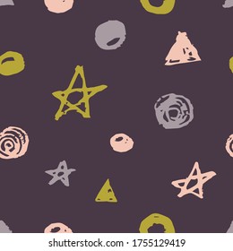 Simple abstract vector seamless pattern. Pink, lilac stars, circles, triangles, spirals on a dark purple background. For prints of fabric, wrapping paper, textile products, clothing.