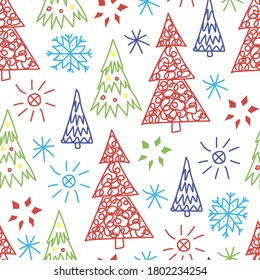 Simple abstract vector seamless pattern in doodle style. multicolored snowflakes, Christmas trees, stars on a white background. For New Year's, Christmas designs, wrapping paper, textile products.