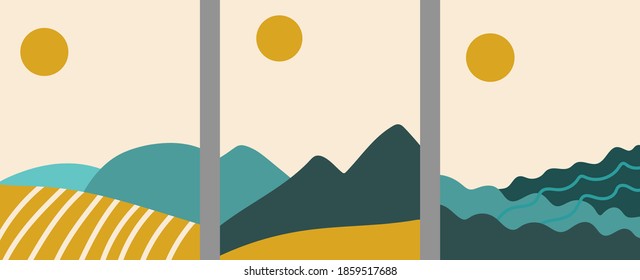 Simple abstract vector set of different landscapes in flat style. Mountains, sea, hilly fields, meadows, sun. Nature in trendy colors.