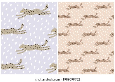 Simple Abstract Wild Cats Seamless Vector Pattern. Light Brown Hand Drawn Cheetah on a Light Violet and Beige Background. Modern Repeatable Safari Print ideal for Fabric, Textile, Wrapping Paper.