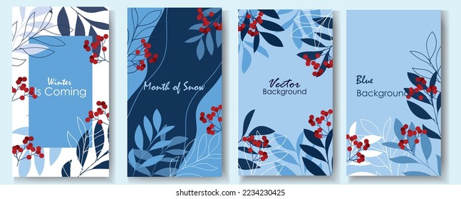 Simple abstract winter background in Winter colors. Hand drawn doodle shapes and leaves. Social media template modern trendy vector illustration. Winter landscape Season flat design background.
